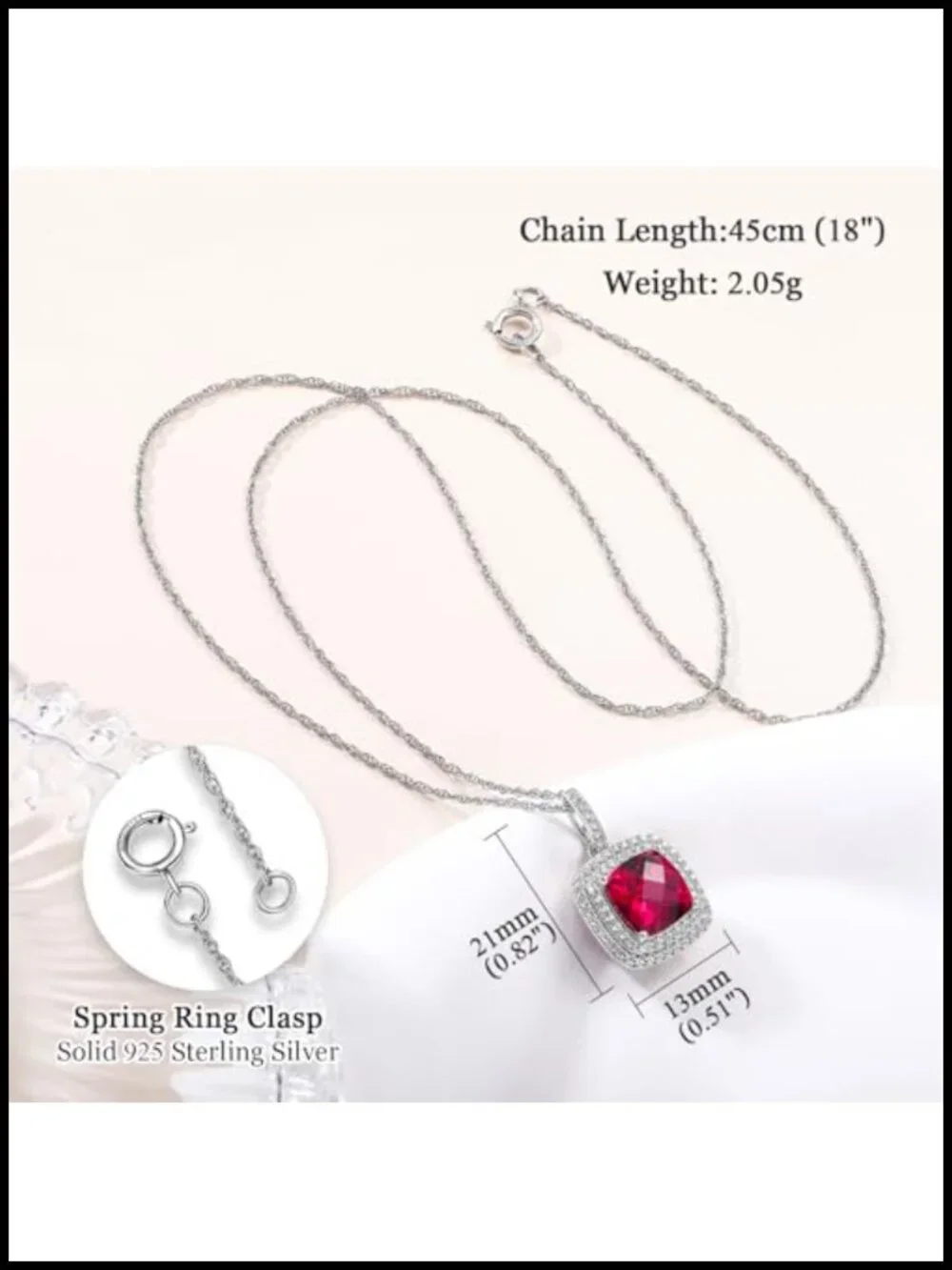 925 Sterling Silver Cushion Cut Ruby Halo Pendant Necklace